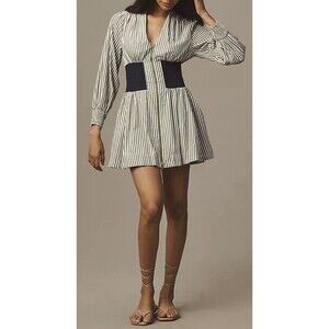 Anthro Tommie Smocked Front Zip Shirt Dress Long Sleeve Mini Green Stripe Size L